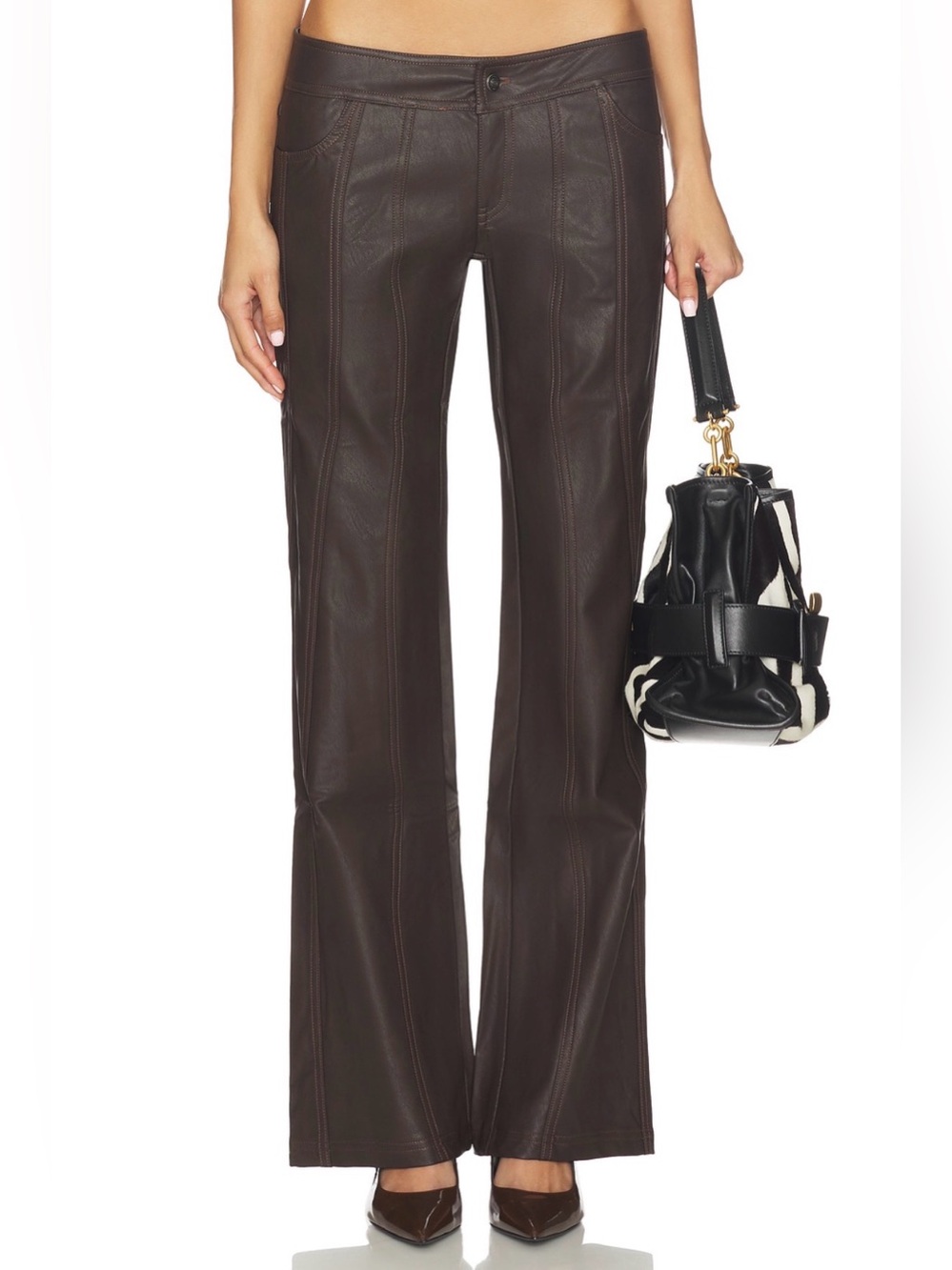 OW Collection JADE Low-Waist Pants Leather Flare Pants in Dark Brown